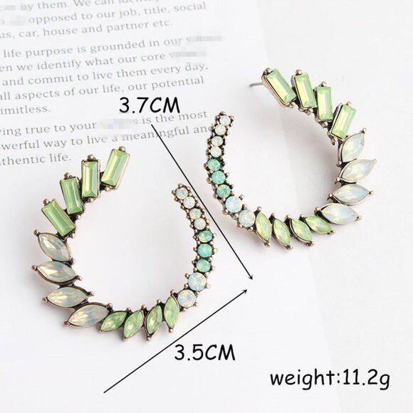 NEW Green Pastel Crystal Stones Semi-Circle Statement Earrings - Picture 3 of 3